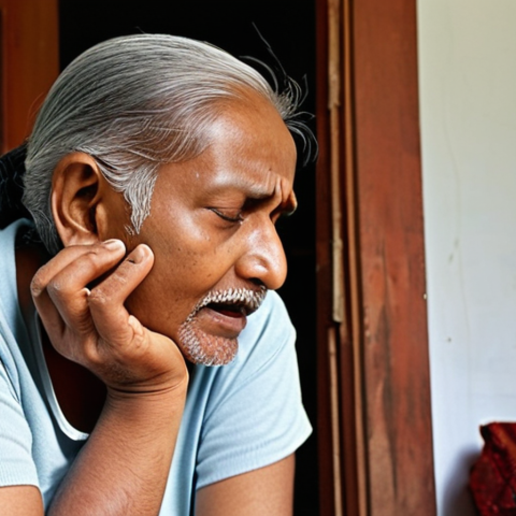 **Prompt:** A person (an older man or woman preferred for relatable cultural depth) experiencing the internal distress of tinnitus, subtle abstract ringing or buzzing sounds emanating from within their ear, visible only to them, depicted in a peaceful, traditional South Asian home setting that contrasts with their internal discomfort. The scene then transitions subtly to them finding immediate calm, perhaps through quiet reflection or gentle self-care, with the internal sound diminishing.