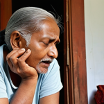 **Prompt:** A person (an older man or woman preferred for relatable cultural depth) experiencing the internal distress of tinnitus, subtle abstract ringing or buzzing sounds emanating from within their ear, visible only to them, depicted in a peaceful, traditional South Asian home setting that contrasts with their internal discomfort. The scene then transitions subtly to them finding immediate calm, perhaps through quiet reflection or gentle self-care, with the internal sound diminishing.