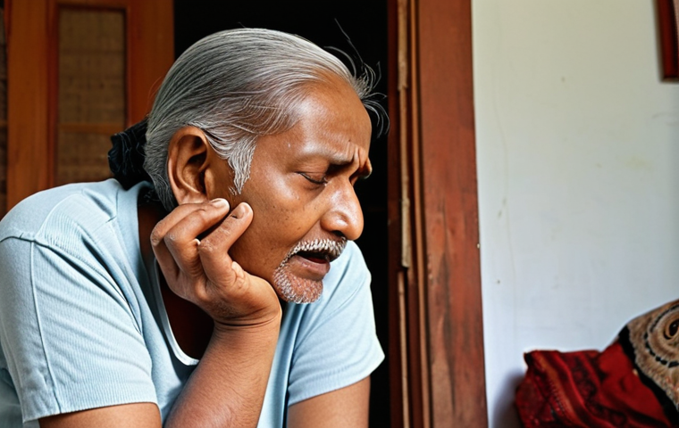 **Prompt:** A person (an older man or woman preferred for relatable cultural depth) experiencing the internal distress of tinnitus, subtle abstract ringing or buzzing sounds emanating from within their ear, visible only to them, depicted in a peaceful, traditional South Asian home setting that contrasts with their internal discomfort. The scene then transitions subtly to them finding immediate calm, perhaps through quiet reflection or gentle self-care, with the internal sound diminishing.