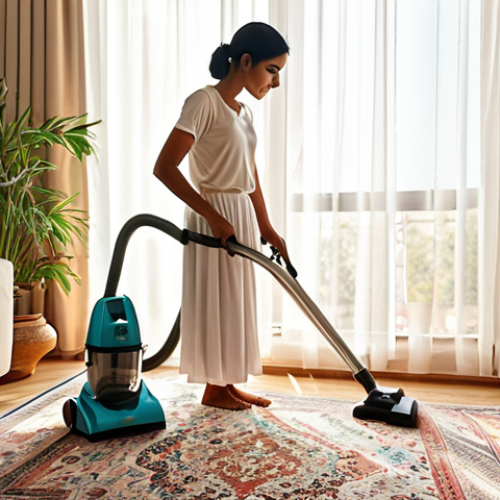 **Clean Home Environment:** A bright, airy Urdu home interior. Focus on cleanliness: sunlight streaming through spotless sheer curtains, a woman vacuuming a dust-free rug, an air purifier discreetly placed in the corner, healthy potted plants thriving.