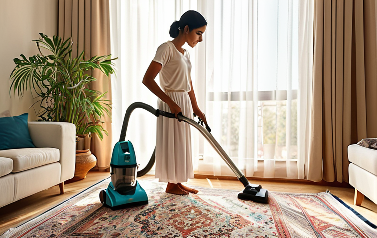 **Clean Home Environment:** A bright, airy Urdu home interior. Focus on cleanliness: sunlight streaming through spotless sheer curtains, a woman vacuuming a dust-free rug, an air purifier discreetly placed in the corner, healthy potted plants thriving.